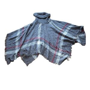 Acrylic Nova Check Knit Tassel Poncho Shawl High Neck